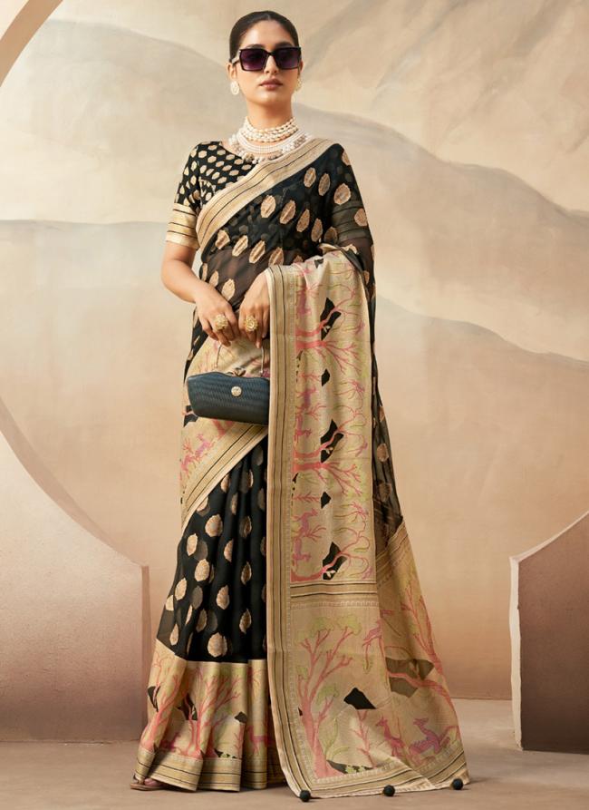 Georgette Black Ceremonial Wear Weaving  Saree